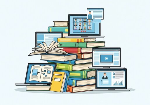 Explore online learning with colorful books and laptops, perfect for educational websites, digital libraries, and e-learning platforms showcasing interactive content