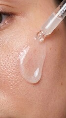 Fototapeta premium Close-up shot shows a clear liquid being applied to a person's skin with a dropper, highlighting the smooth and moisturizing effect of skincare.