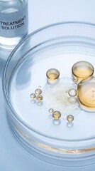 An artistic shot of a laboratory setting showcases a transparent petri dish holding multiple clear, liquid drops with a bottle of treatment solution.