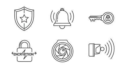 Cybersecurity protection icons for website and app security featuring a shield, bell, key, padlock, encryption, lens aperture, and sensor in a modern vector style