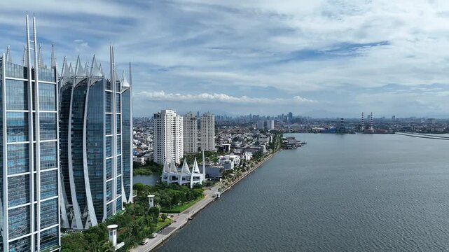 Jakarta Skyline At Ancol indonesia Highrise Buildings Scene. Sunset City. Jakarta Skyline At Illinois. Business District. Cityscape Aerial View.