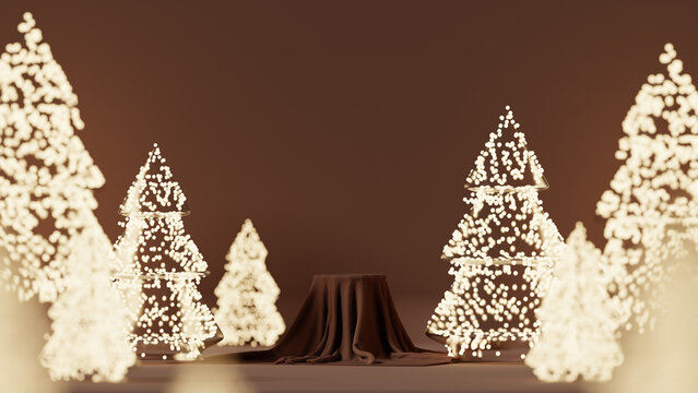 3D podium display. Brown background with Christmas tree showcase for beauty product presentation or text. Christmas tree with lights and ornaments. Pedestal in studio. 3D render mockup.	
