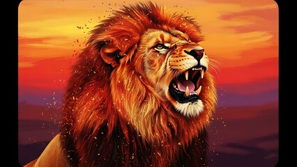 Magnificent lion with a powerful roar, showcasing a majestic fiery mane against a dramatic, vivid sunset landscape, embodying untamed strength and wild spirit