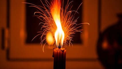 The warm, glowing light of a single festive candle with a spectacular fiery sparkle effect