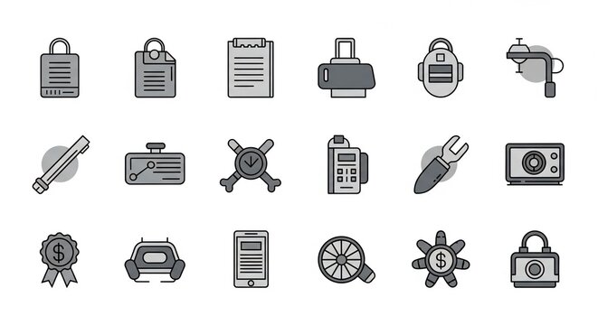 Explore business solutions with this modern icon collection featuring security, finance, and technology elements for your next project or innovative campaign