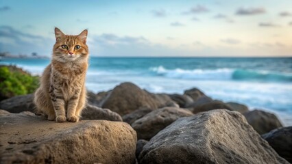 Pet friendly summer destinations concept. A cat sits on rocks by the ocean, gazing at the waves under a blue sky.