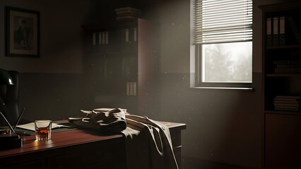 Vintage office scene with desk, blinds, and a glass of whiskey, evoking a sense of classic noir atmosphere and solitude