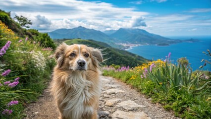 Pet friendly summer destinations concept. A dog stands on a scenic path overlooking mountains and the ocean under a blue sky.