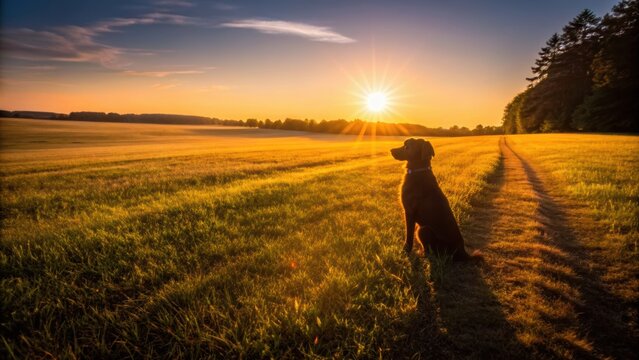 Pet friendly summer destinations concept. A dog sits in a grassy field at sunset, casting a long shadow with a bright sun in the background.