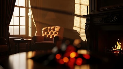 Cozy sunlit living room with a warm fireplace creating a peaceful and inviting evening atmosphere