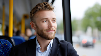 Young professional with beard and suit jacket on a city bus, gazing out the window with a content, thoughtful smile during his morning commute and business travel routine