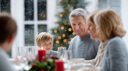Multi generation family celebrating christmas eve dinner in a well lit dining room, enjoying a holiday meal together with a christmas tree and falling snow outside