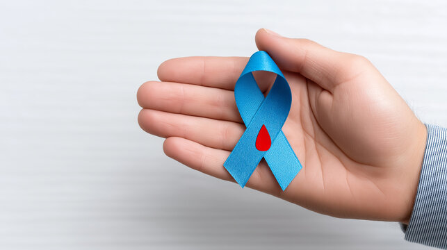 Hand holding a blue awareness ribbon with a blood drop symbol, representing diabetes awareness, support, care, and the importance of health issues and medical research with copy space