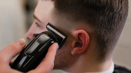 Fototapeta premium Hand holding hair clipper trimming modern fade haircut on young man's head, creating a fresh new hairstyle at a barbershop or salon