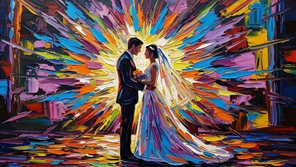 Couple Embracing Under a Vibrant, Colorful Starburst Background Representing Love and Unity