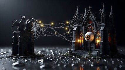 Spooky Gothic Crypt with Giant Eyeball Decoration and Cobwebs for Halloween Night