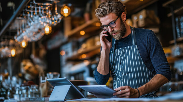 Bar owner talking on phone, holding paperwork and managing small business operations with a tablet on bar counter in a modern restaurant establishment with copy space