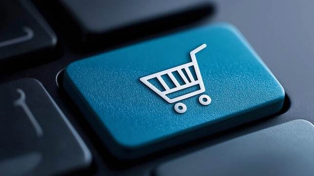 Shopping cart icon on a blue keyboard button symbolizing online buying experience, e commerce, digital retail, consumerism, and modern business technology