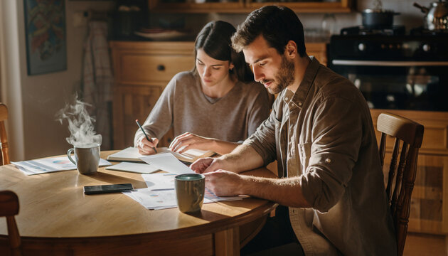 Young Man and Woman Doing Finances. Warm Home Office Collaboration with Paperwork and Coffee