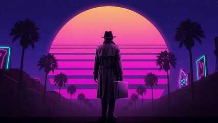 Retro-futuristic detective figure stands before a vibrant sunset on a neon-lit street, evoking a sense of mystery and adventure in a synthwave-inspired cityscape