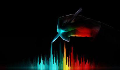 Hand with glowing stylus drawing vibrant digital sound bars. Concept of creative tech workflows, audio visualization, modern UI design elements, innovation, and dynamic data storytelling.
