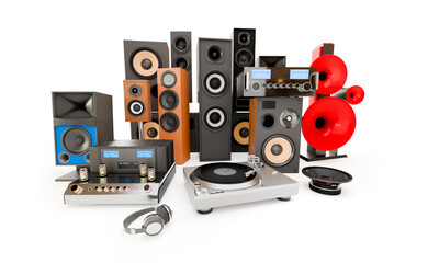 Set di diffusori e apparecchiature hi fi su sondo bianco, rendering 3d