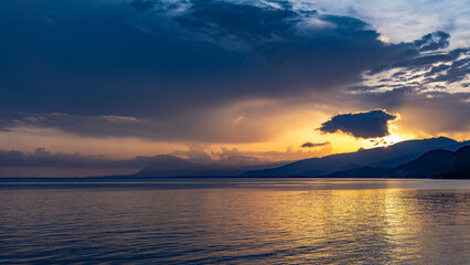 Aerial Drone View of  Sunset over Gulf of Corinth, Central Greece, viewed from Skaloma