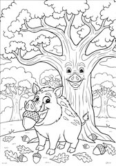 Obraz premium A wild boar eats acorns under an anthropomorphic oak tree. coloring book
