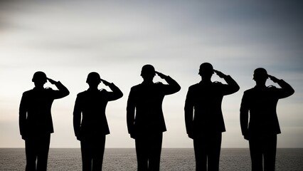 Silhouetted military personnel salute with profound respect against a vast ocean and cloudy sky, representing valor, patriotism, and solemn remembrance