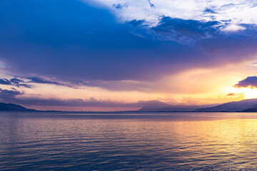 Aerial Drone View of  Sunset over Gulf of Corinth, Central Greece, viewed from Skaloma