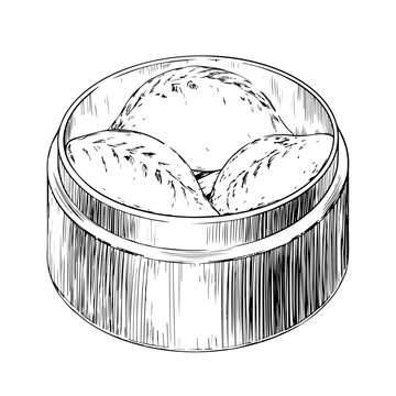 Sketch style pyanse, in bamboo steamer. Traditional Korean food. Black and white illustration of Korean steamed pie with meat. Asian buns pigodi