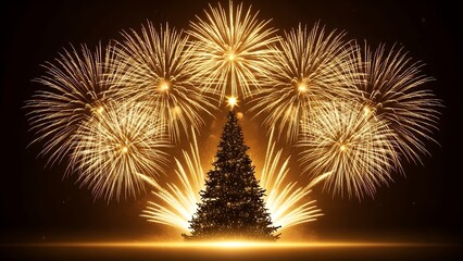 Golden fireworks behind Christmas tree silhouette, festive glow