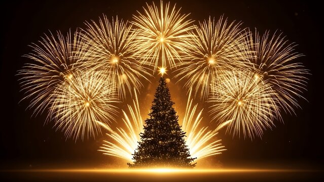 Golden fireworks behind Christmas tree silhouette, festive glow