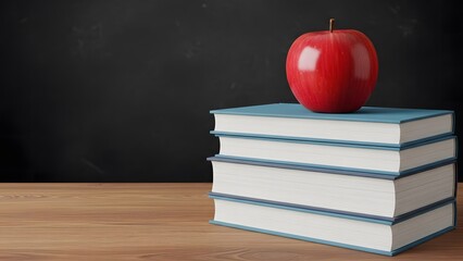 Red apple on stack of books in front of blackboard for education concept