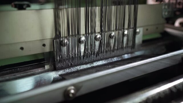 Knitting needle head feeding yarn, synchronized hooks forming dense stitch pattern, reflective guide plate, cool tones, robotic rhythm, close mechanical detail