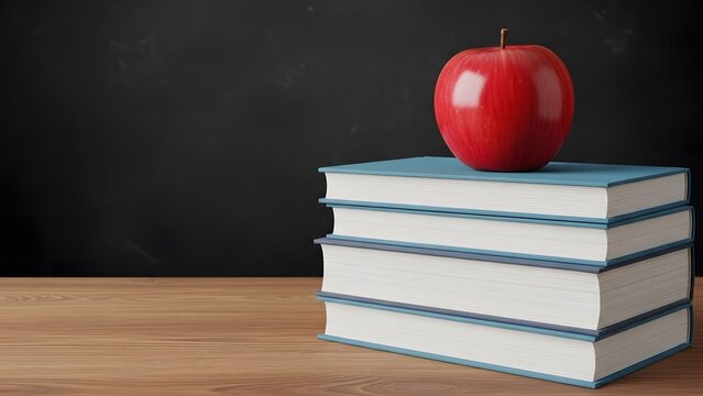 Red apple on stack of books in front of blackboard for education concept