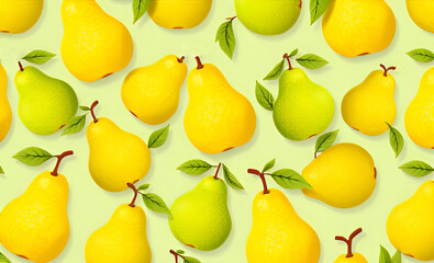 Juicy pattern of bright yellow and green pears with leaves on a soft pastel background, creating a fresh fruity design for packaging, textiles, modern decorative illustration