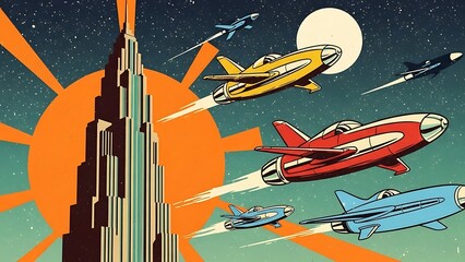 Retro-futuristic city skyline with flying vehicles and a large setting sun