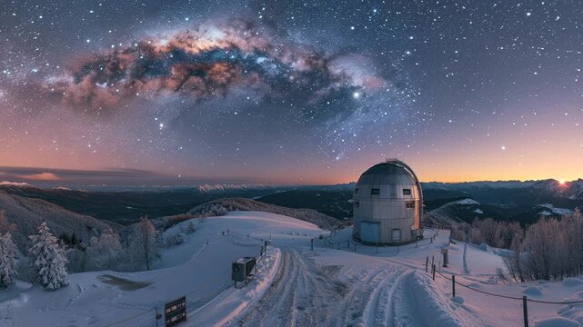 Stargazing dome on a snow clad mountain peak at night, galactic glow illuminating the tranquil alpine landscape, scientific journey towards cosmic discoveries.