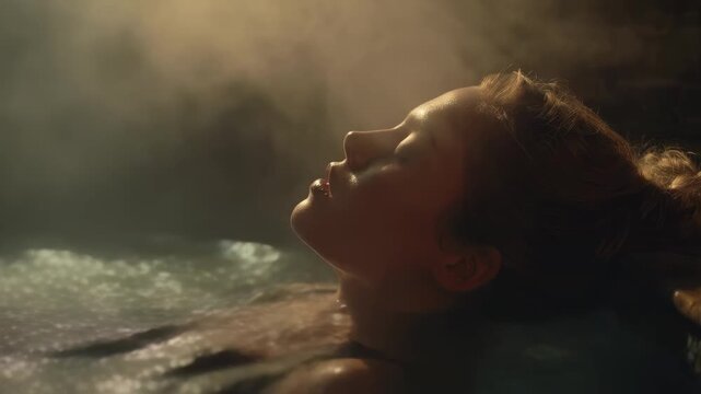 Woman relaxing in a steaming hot tub, head tilted back with eyes closed as steam rises around her.