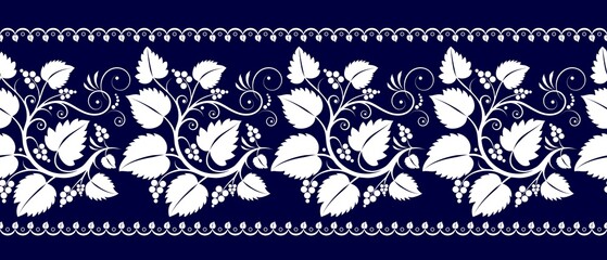 Decorative floral seamless border with white leaves, curls, and berries on blue isolated background, abstract ornamental pattern for the design of fabric, textile, flower pots, and tableware. © Lukeriya