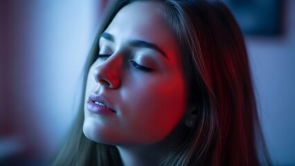Close-up portrait of a young woman with her eyes closed, bathed in red and blue light