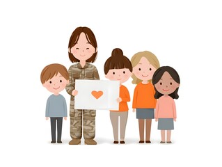 Fototapeta premium Colorful flat illustration: children presenting a handmade thank-you card to a soldier, cheerful style, blank area at top for inscription