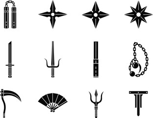 Martial arts weapons, ninja gear, katana, shuriken, nunchaku, sai, bo staff, kunai, silhouette icons, black and white, combat tools