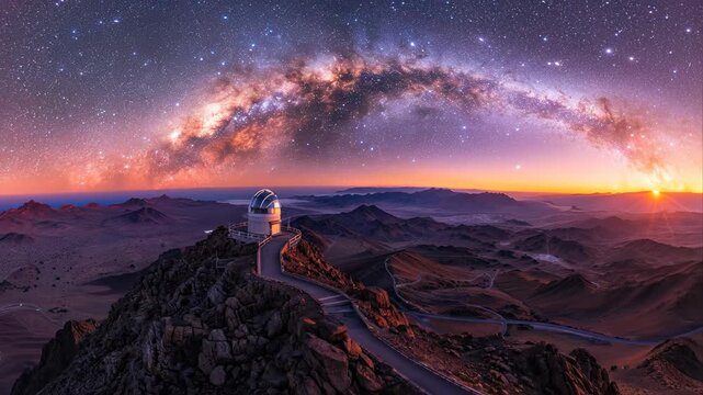Astronomy observatory on a majestic mountain peak under a vibrant cosmic sky, revealing the wondrous Milky Way galaxy at twilight, an epic journey of celestial discovery.