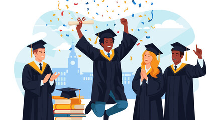 Diverse group of happy graduates celebrating academic success and achievement