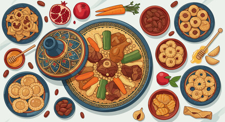 Beautifully Arranged Moroccan Traditional Meal with Tagine Couscous and Sweets