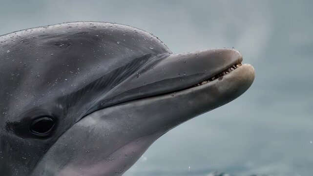 A close-up of a wet dolphin's head and open mouth showing its teeth