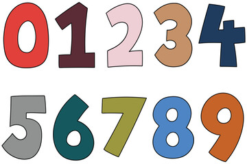 Hand-drawn cartoon set of colored numbers on a white background.