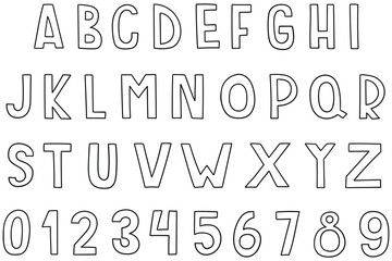Hand-drawn doodle set of English letters, alphabet, and numbers on a white background.